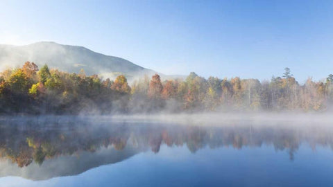 Tennessee Morning fog on Indian Boundary Lake White Modern Wood Framed Art Print with Double Matting by Paulson, Don