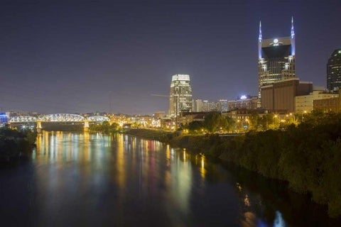TN, Nashville City lights reflected in the River White Modern Wood Framed Art Print with Double Matting by Grall, Don