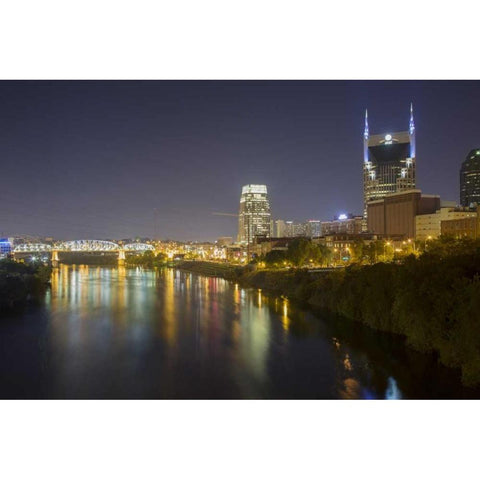 TN, Nashville City lights reflected in the River Black Modern Wood Framed Art Print by Grall, Don