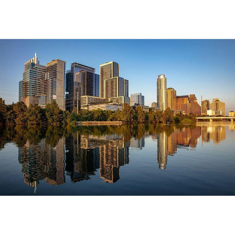 City skyline reflects in the Colorado River in Austin-Texas-USA Black Modern Wood Framed Art Print with Double Matting by Haney, Chuck