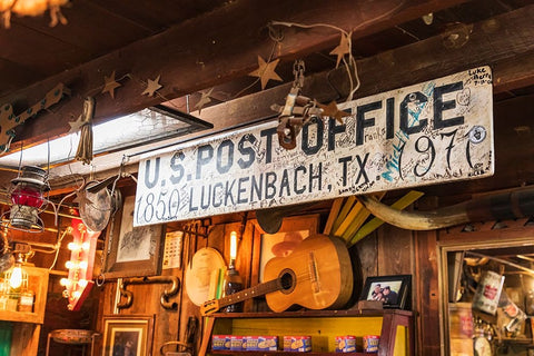 Luckenbach-Texas-USA-Post office sign in a tourist shop in Luckenbach-Texas White Modern Wood Framed Art Print with Double Matting by Wilson, Emily M.