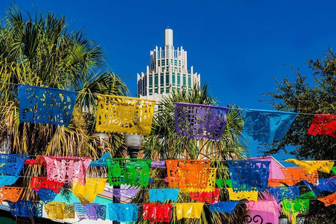 Mexican Market Square-Flags Symbols christmas paper decorations-San Antonio-Texas White Modern Wood Framed Art Print with Double Matting by Perry, William