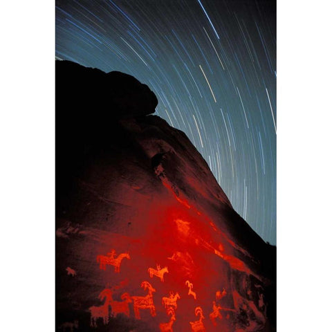 USA, Utah, Arches NP, Petroglyphs and star trails Black Modern Wood Framed Art Print by Kirkland, Dennis