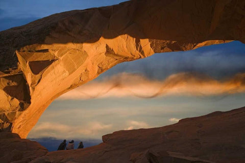 UT, Arches NP Hikers at Skyline arch at sunset White Modern Wood Framed Art Print with Double Matting by Paulson, Don
