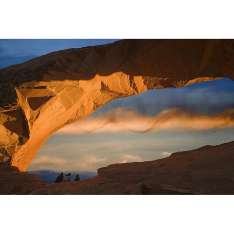 UT, Arches NP Hikers at Skyline arch at sunset Gold Ornate Wood Framed Art Print with Double Matting by Paulson, Don