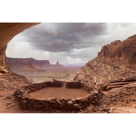 UT, Canyonlands NP Anasazi ruin with lightning Black Modern Wood Framed Art Print with Double Matting by Paulson, Don
