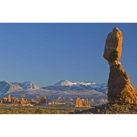 UT, Arches NP Balanced Rock with La Sal Mots  Black Modern Wood Framed Art Print by Illg, Cathy and Gordon