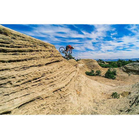 Mountain biker balances courage and danger and attempting to avoid crash on Red Rock-Utah-USA (MR) Gold Ornate Wood Framed Art Print with Double Matting by Garber, Howie