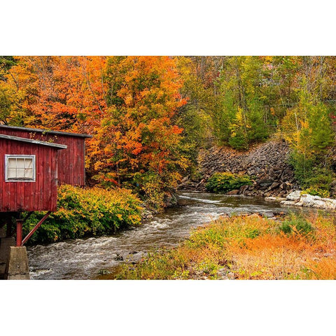 USA-Vermont-Stowe-red mill on Little River as it flows south of Stowe to Winooski River-fall foliage Black Modern Wood Framed Art Print with Double Matting by Jones, Allison