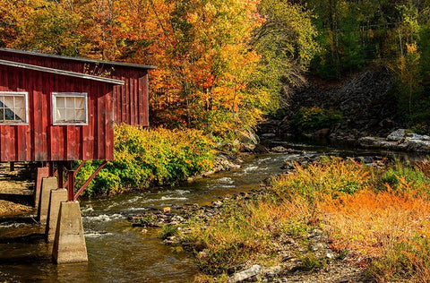 USA-Vermont-Stowe-red mill on Little River as it flows south of Stowe to Winooski River-fall foliage Black Ornate Wood Framed Art Print with Double Matting by Jones, Allison