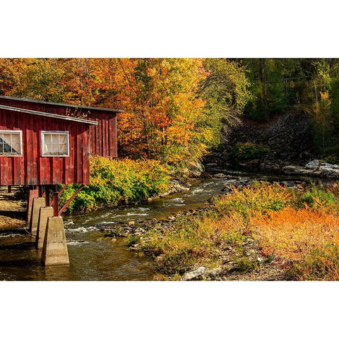 USA-Vermont-Stowe-red mill on Little River as it flows south of Stowe to Winooski River-fall foliage Black Modern Wood Framed Art Print with Double Matting by Jones, Allison