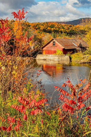 USA-Vermont-Moscow-mill on Little River pond there-fall foliage White Modern Wood Framed Art Print with Double Matting by Jones, Allison
