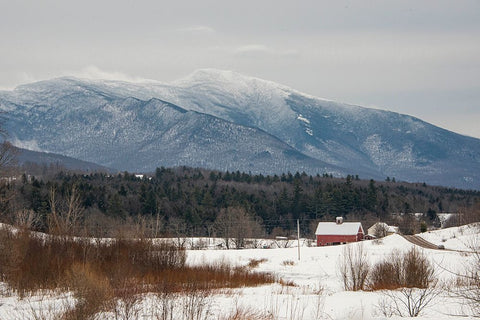USA-Vermont-Cambridge Lower Pleasant Road-toward the west side of Mount Mansfield-snow on field Black Ornate Wood Framed Art Print with Double Matting by Jones, Allison