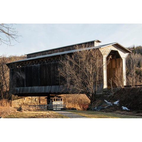 USA-Vermont-Wolcott on Rt 15 between Morrisville and Joes Pond-covered RR bridge over Lamoille River Black Modern Wood Framed Art Print with Double Matting by Jones, Allison