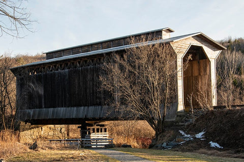 USA-Vermont-Wolcott on Rt 15 between Morrisville and Joes Pond-covered RR bridge over Lamoille River Black Ornate Wood Framed Art Print with Double Matting by Jones, Allison