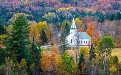 USA-New England-Vermont small village-and white church-Autumn White Modern Wood Framed Art Print with Double Matting by Gulin, Sylvia