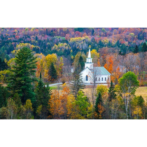 USA-New England-Vermont small village-and white church-Autumn White Modern Wood Framed Art Print by Gulin, Sylvia