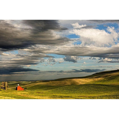 Red barn in valley of rolling farm fields-Palouse agricultural region of western Idaho Black Modern Wood Framed Art Print by Jones, Adam