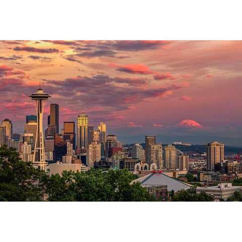 Seattle-Washington State skyline and distant Mt Rainier Black Modern Wood Framed Art Print with Double Matting by Jones, Adam