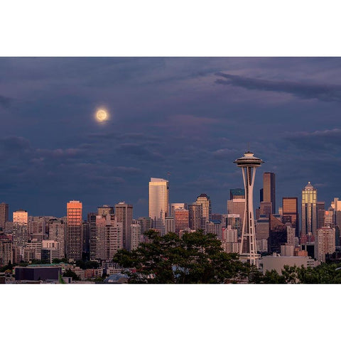 Seattle skyline and super moon at dusk-Seattle-Washington State Black Modern Wood Framed Art Print by Jones, Adam