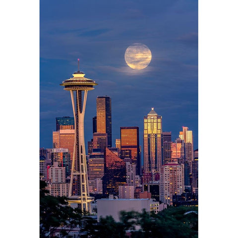 Seattle skyline and super moon at dusk-Seattle-Washington State Black Modern Wood Framed Art Print by Jones, Adam