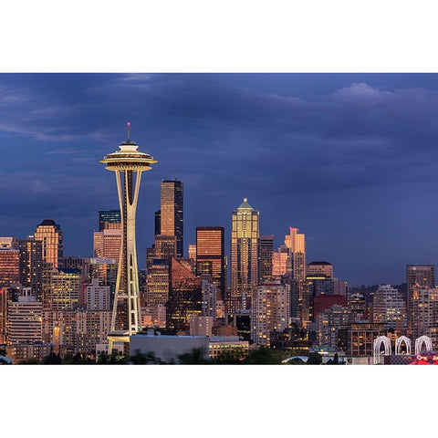 Seattle skyline at dusk-Seattle-Washington State Black Modern Wood Framed Art Print by Jones, Adam