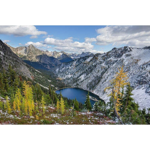 Lake Ann and golden larches after autumn snowfall North Cascades-Washington State White Modern Wood Framed Art Print by Majchrowicz, Alan