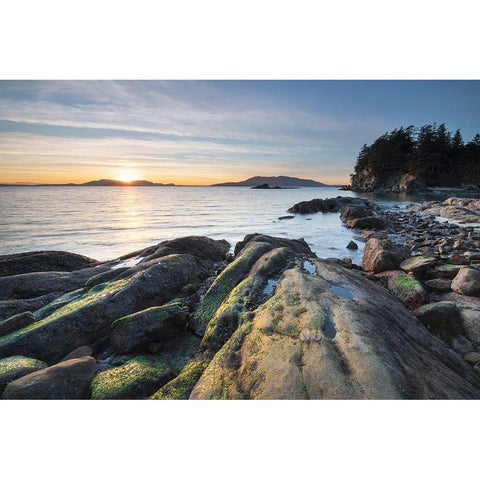 Sunset at Wildcat Cove-looking out to Samish Bay and the San Juan Islands-Larrabee State Park White Modern Wood Framed Art Print by Majchrowicz, Alan