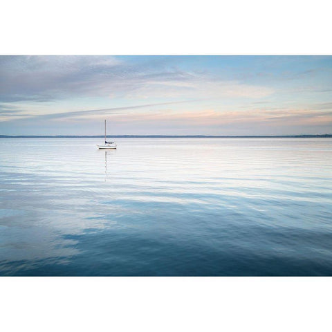 Sailboat anchored in Bellingham Bay on a calm morning-Bellingham White Modern Wood Framed Art Print by Majchrowicz, Alan