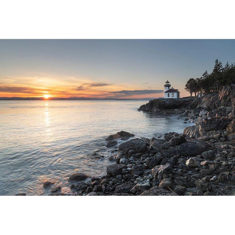 Lime Kiln Lighthouse at sunset-Lime Kiln Point State Park-San Juan Island-Washington State Black Modern Wood Framed Art Print by Majchrowicz, Alan