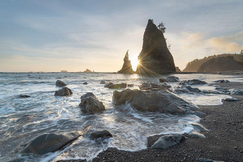 Setting sun behind Split Rock on Rialto Beach-Olympic National Park Black Ornate Wood Framed Art Print with Double Matting by Majchrowicz, Alan