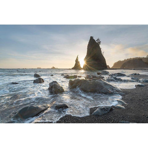 Setting sun behind Split Rock on Rialto Beach-Olympic National Park Black Modern Wood Framed Art Print by Majchrowicz, Alan