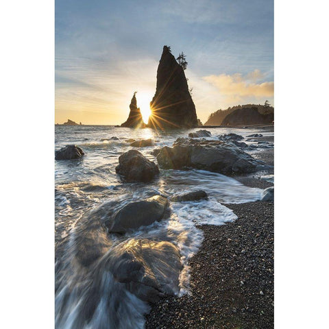 Setting sun behind Split Rock on Rialto Beach-Olympic National Park Black Modern Wood Framed Art Print by Majchrowicz, Alan