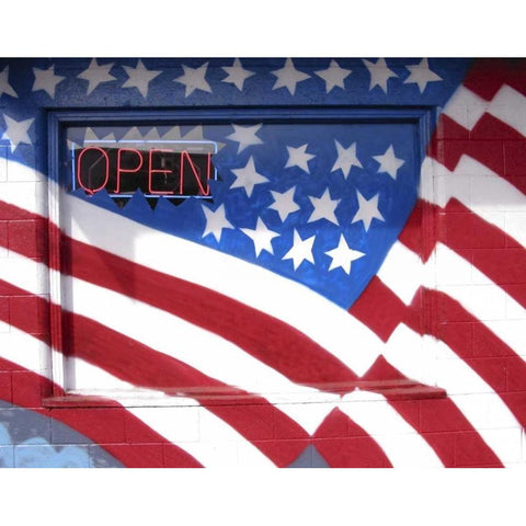 WA, Moses Lake Flag wall mural on a business White Modern Wood Framed Art Print by Ross, Nancy ,  Steve