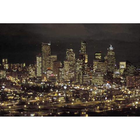 Washington, Seattle Night skyline of downtown Gold Ornate Wood Framed Art Print with Double Matting by Grall, Don