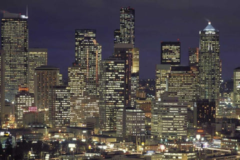 Washington, Seattle Night skyline of downtown Black Ornate Wood Framed Art Print with Double Matting by Grall, Don