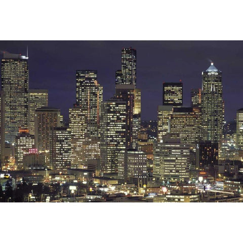 Washington, Seattle Night skyline of downtown Black Modern Wood Framed Art Print by Grall, Don