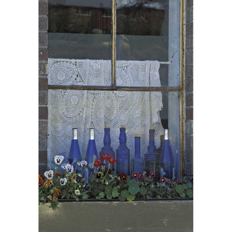 WA, Palouse Row of blue bottles and flowers Gold Ornate Wood Framed Art Print with Double Matting by Grall, Don