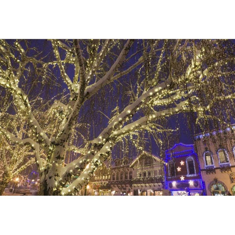 WA, Leavenworth Christmas lights line the town Black Modern Wood Framed Art Print by Paulson, Don