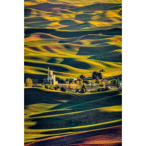Washington State-Palouse Steptoe Village and farmland at sunset  Black Modern Wood Framed Art Print by Jaynes Gallery