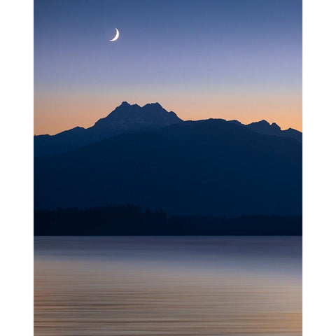 USA-Washington State-Seabeck Crescent moon at sunset over Hood Canal and Olympic Mountains Black Modern Wood Framed Art Print by Jaynes Gallery