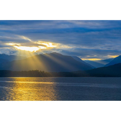 USA-Washington State-Seabeck Sunburst over Hood Canal and Olympic Mountains at sunset Black Modern Wood Framed Art Print by Jaynes Gallery