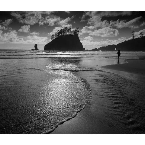 Usa-Washington State A beachgoer strolling Second Beach in late afternoon Black Modern Wood Framed Art Print by Sederquist, Betty