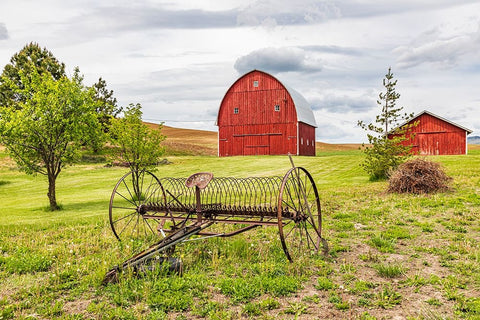 Albion-Washington State-USA-Red barns and antique farm equipment in the Palouse hills White Modern Wood Framed Art Print with Double Matting by Wilson, Emily M.