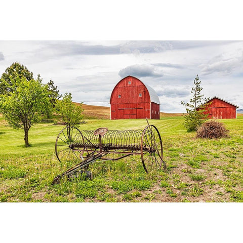 Albion-Washington State-USA-Red barns and antique farm equipment in the Palouse hills Black Modern Wood Framed Art Print by Wilson, Emily M.