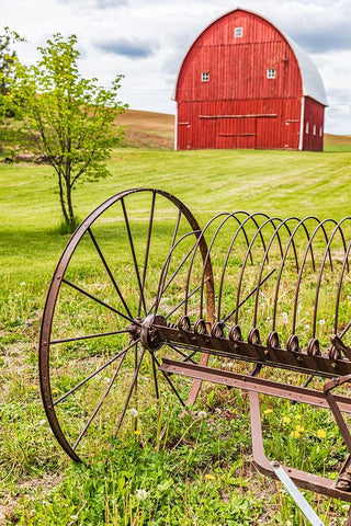 Albion-Washington State-USA-Red barns and antique farm equipment in the Palouse hills White Modern Wood Framed Art Print with Double Matting by Wilson, Emily M.