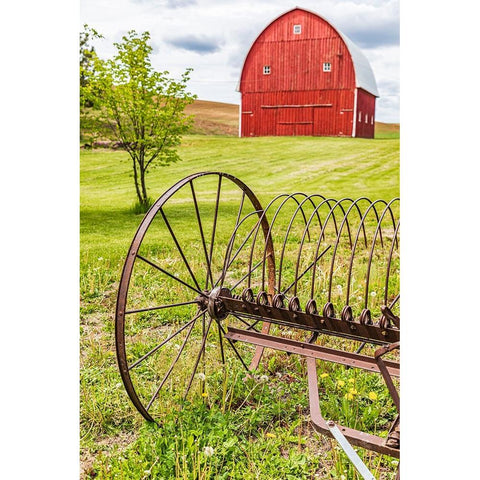 Albion-Washington State-USA-Red barns and antique farm equipment in the Palouse hills Black Modern Wood Framed Art Print by Wilson, Emily M.