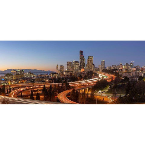 Downtown Seattle skyline in the evening light-Seattle-Washington State Black Modern Wood Framed Art Print by Probst, Greg