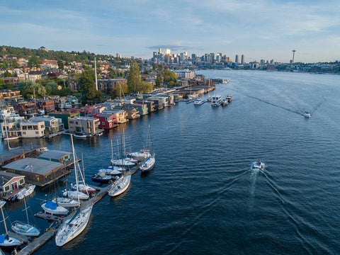 Aerial view of sailboats and houseboats on Lake Union with downtown Seattle in the background Black Ornate Wood Framed Art Print with Double Matting by Probst, Greg