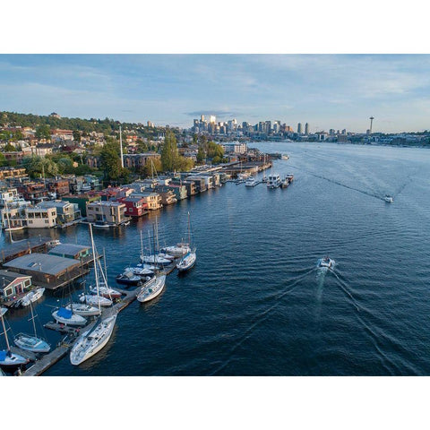 Aerial view of sailboats and houseboats on Lake Union with downtown Seattle in the background Black Modern Wood Framed Art Print by Probst, Greg